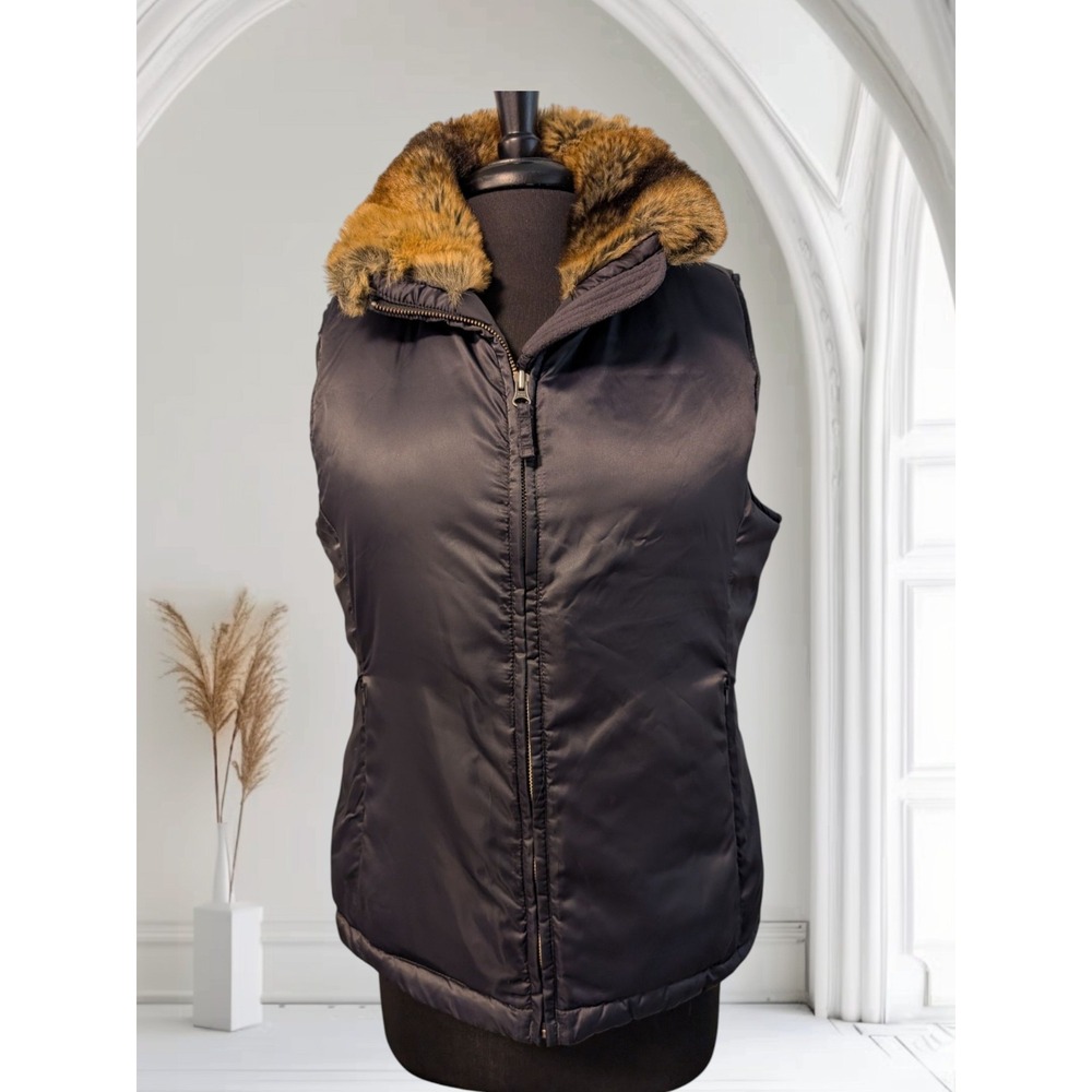 Land's End Goose Down BLACK zip vest, faux fur collar, Women's Small Sz 6-8